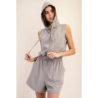 Rae Mode Poly Stretch Woven Sleeveless Hoodie Romper: Stone Taupe