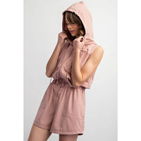 Rae Mode Poly Stretch Woven Sleeveless Hoodie Romper: Stone Taupe