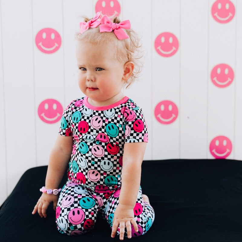 Children's Pink Check Smile Bamboo Short Sleeve 2 Piece Set