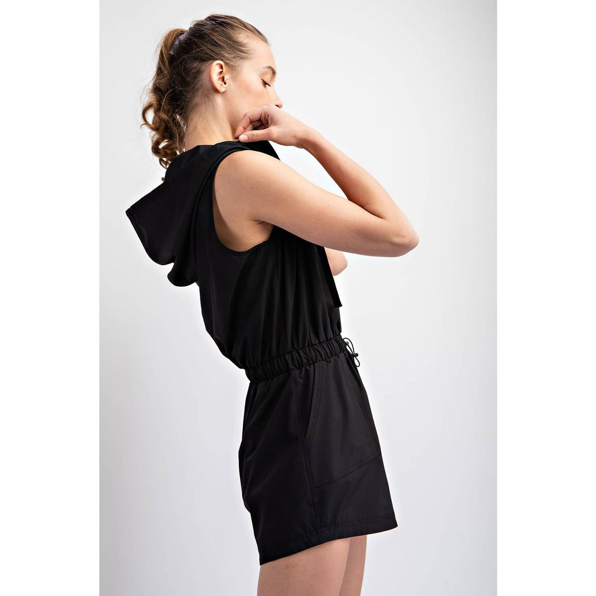 Rae Mode Poly Stretch Woven Sleeveless Hoodie Romper: Stone Taupe