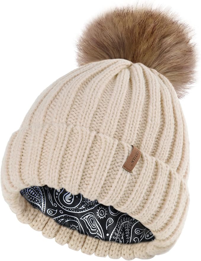 Youth Satin Lined Furtalk Winter Beanie with Pom