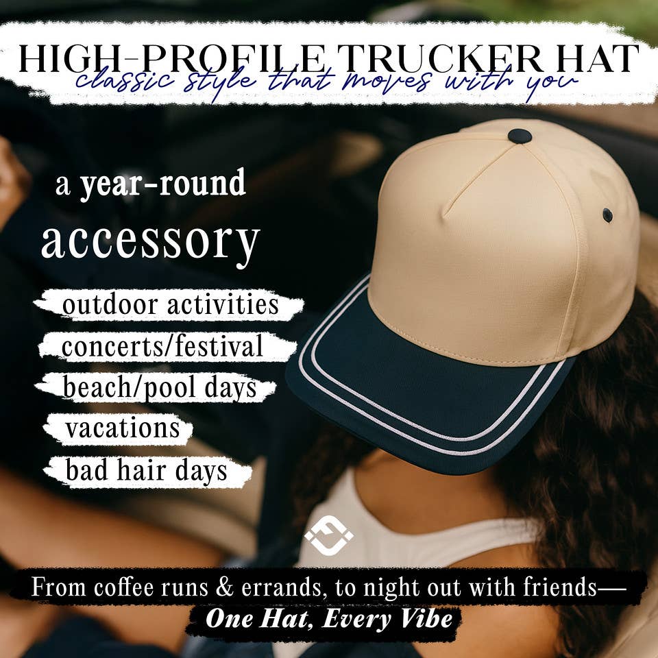 Funky Junque - Embroidered Brim Two Tone Trucker Hat - Navy/Beige