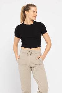 Mono B Essential Micro-Ribbed Cropped Athleisure Tee - DEEP TAUPE