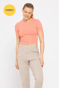 Mono B CURVY Essential Micro-Ribbed Cropped Athleisure Tee - DEEP TAUPE