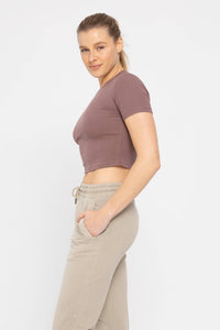 Mono B Essential Micro-Ribbed Cropped Athleisure Tee - NATURAL