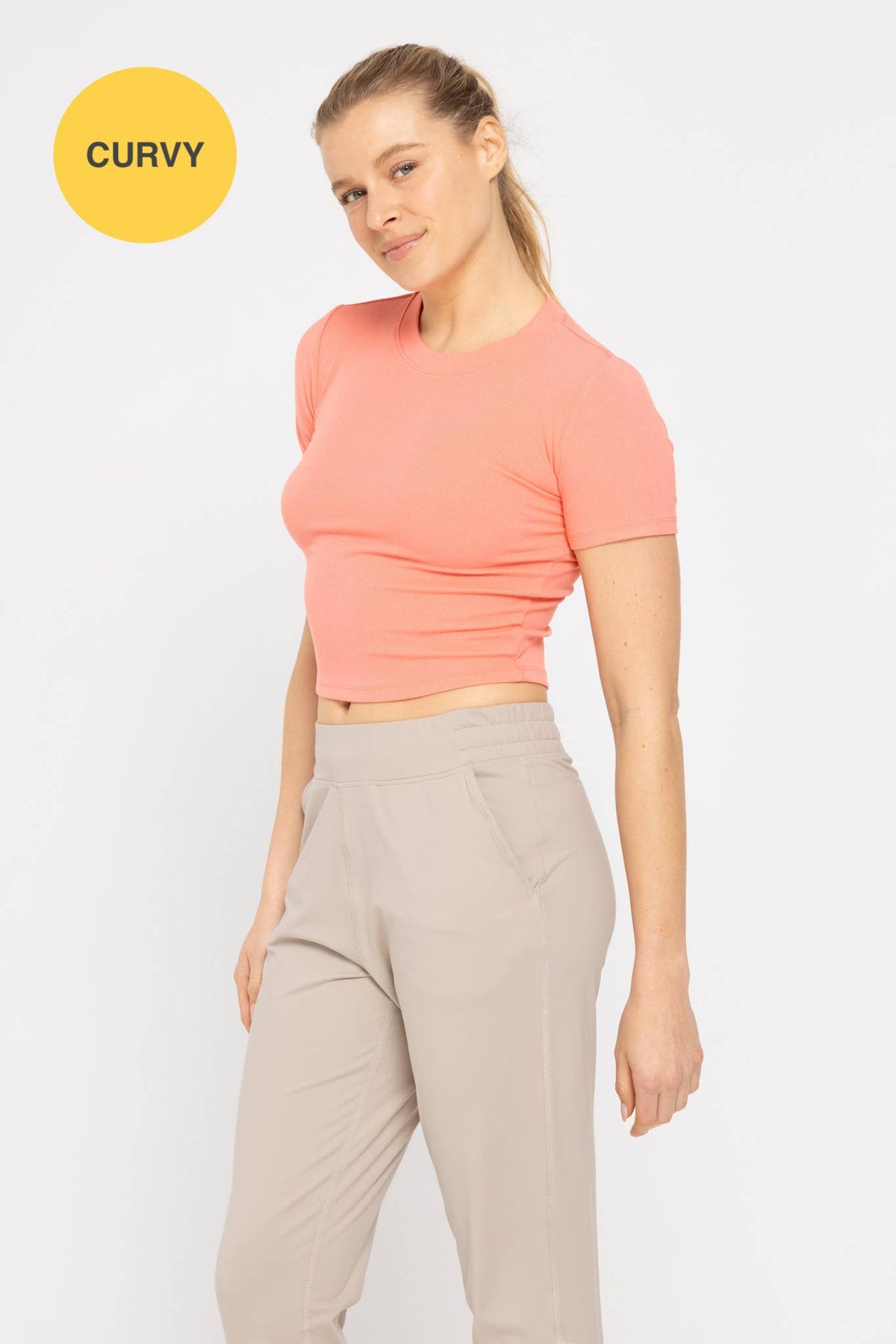 Mono B CURVY Essential Micro-Ribbed Cropped Athleisure Tee - DEEP TAUPE