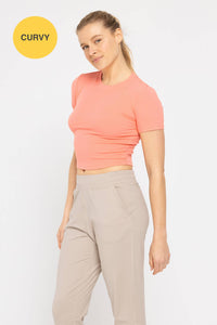 Mono B CURVY Essential Micro-Ribbed Cropped Athleisure Tee - DEEP TAUPE