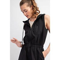 Rae Mode Poly Stretch Woven Sleeveless Hoodie Romper: Stone Taupe
