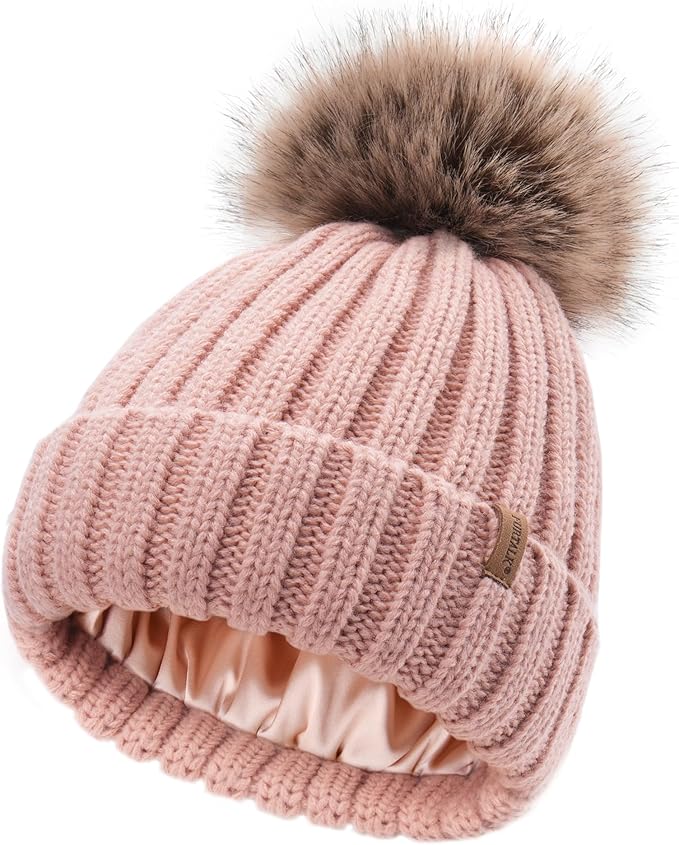 Youth Satin Lined Furtalk Winter Beanie with Pom