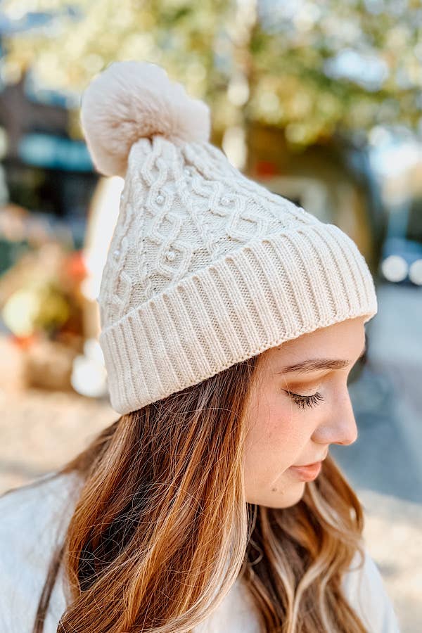 Nash Grey - Fur Pom Adult Beanie with Pearls