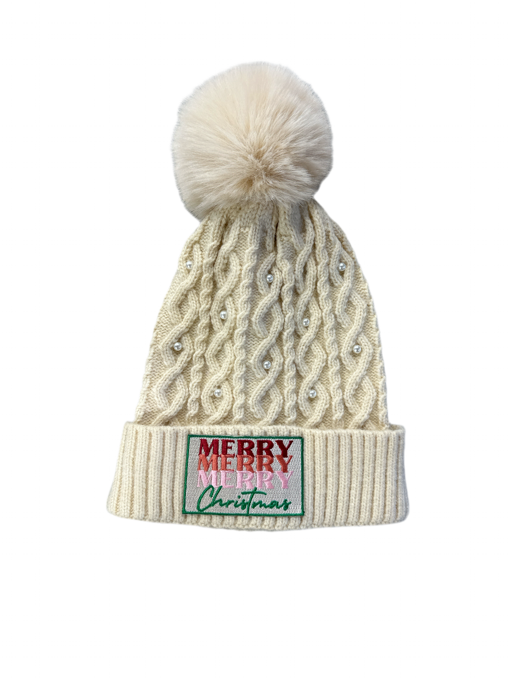 Fur Pom Black Beanie with Pearls - Merry Merry Merry Christmas