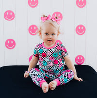 BAMBOO SHORT SLEEVE 2 PIECE SETS - Pink Check Smile