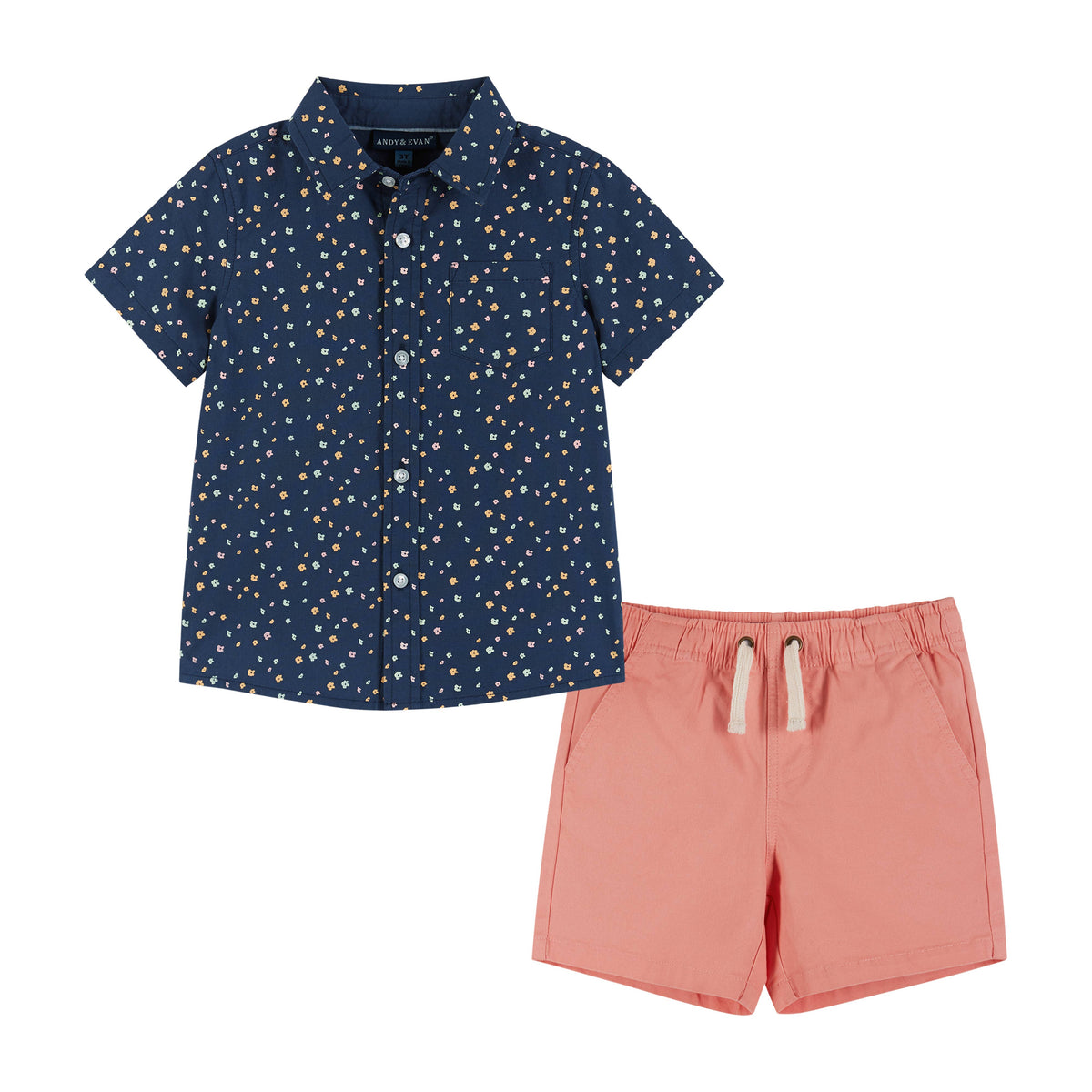 Andy & Evan Boys Navy Button-Down & Salmon Shorts Set