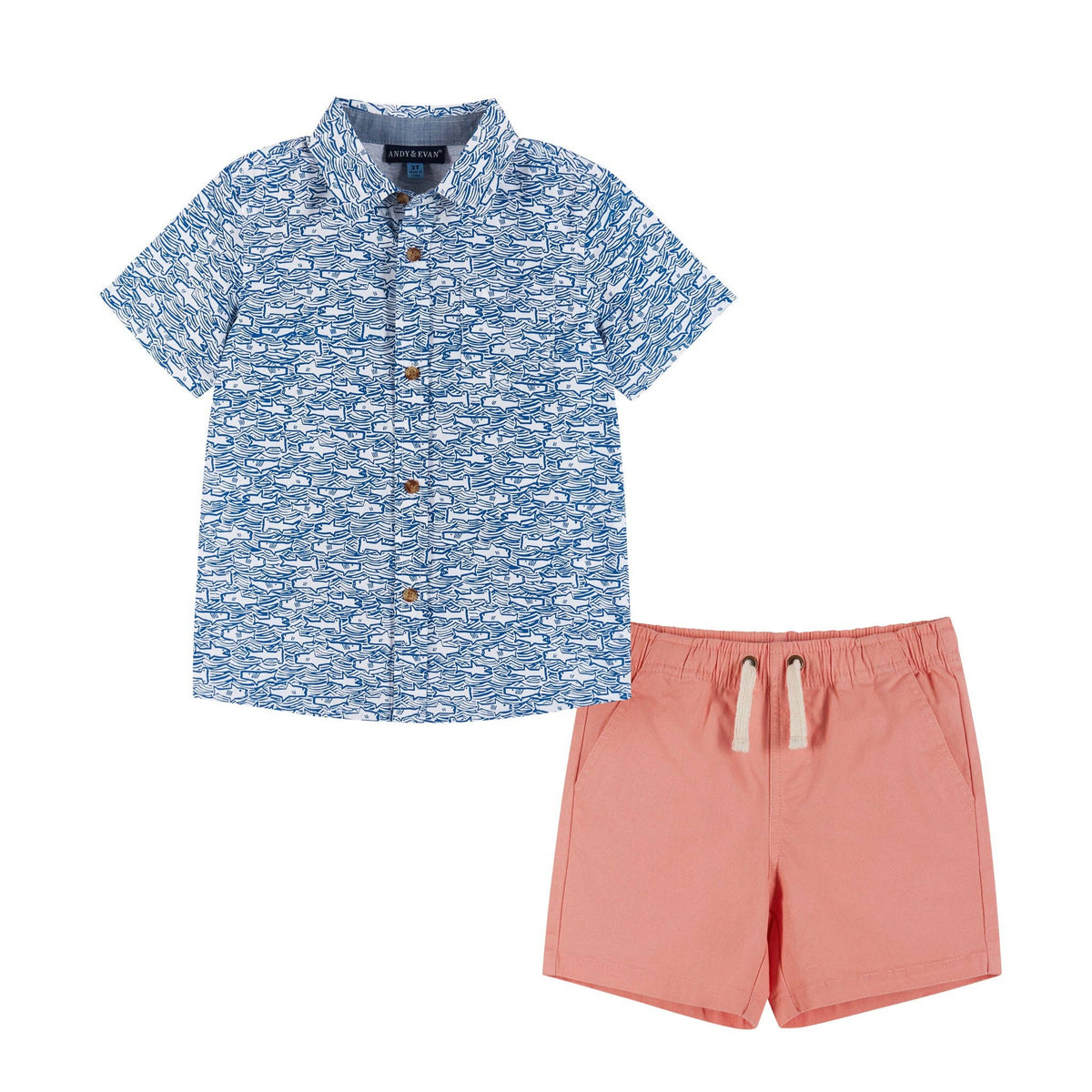 Andy & Evan Boys Shark Print Button-Down and Short Set - Blue Sharks