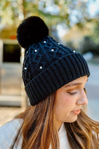 Nash Grey - Fur Pom Adult Beanie with Pearls