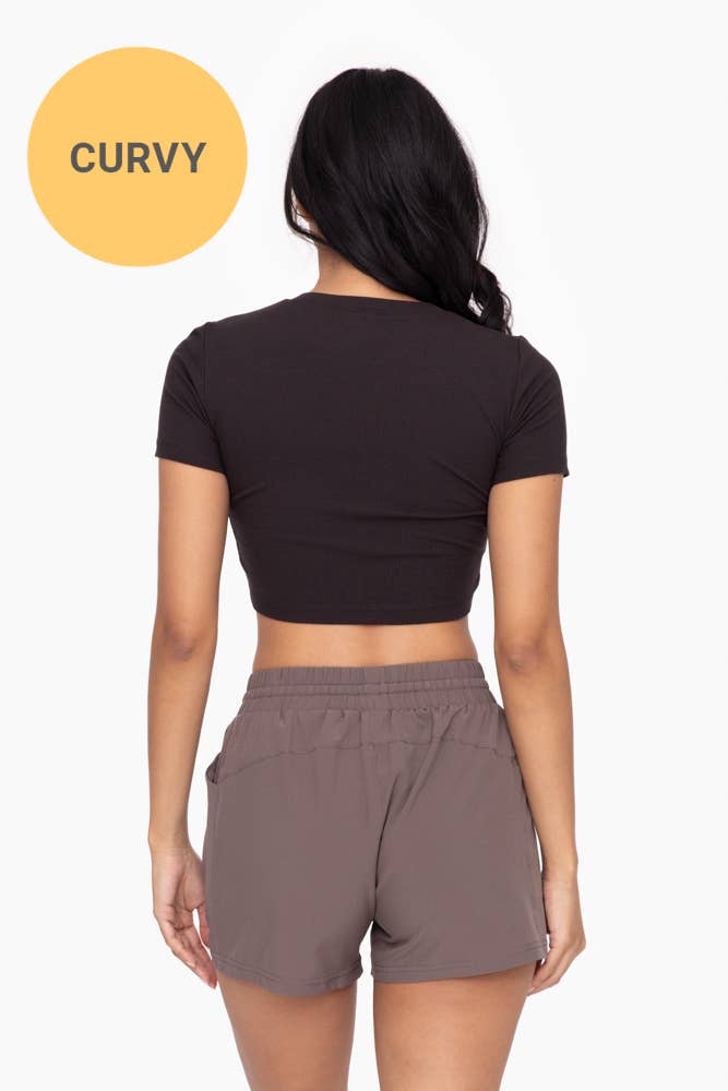 Mono B CURVY Essential Micro-Ribbed Cropped Athleisure Tee - DEEP TAUPE