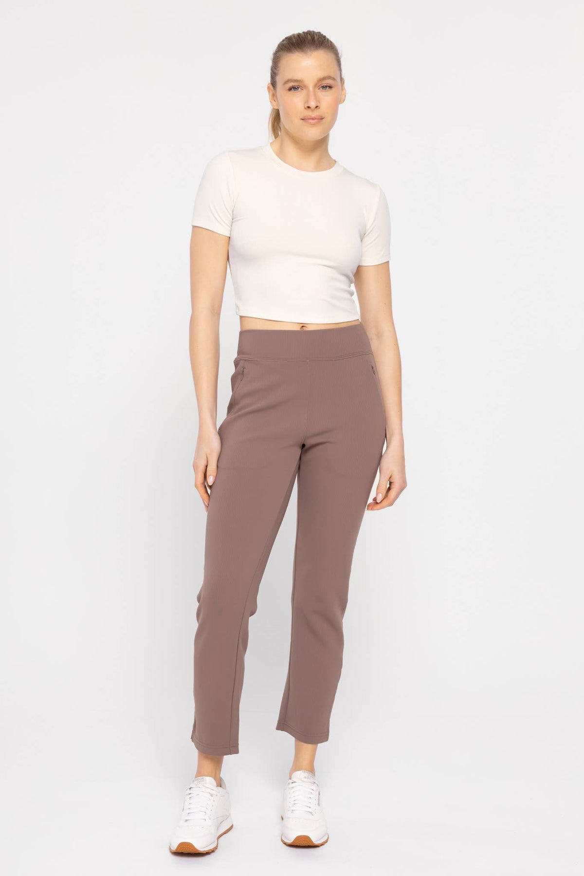 Mono B Essential Micro-Ribbed Cropped Athleisure Tee - DEEP TAUPE