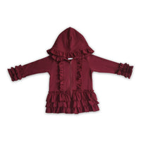 Yawoo Garments - Solid colorful zipper girls ruffle hoodie jackets: Maroon / 6-7T