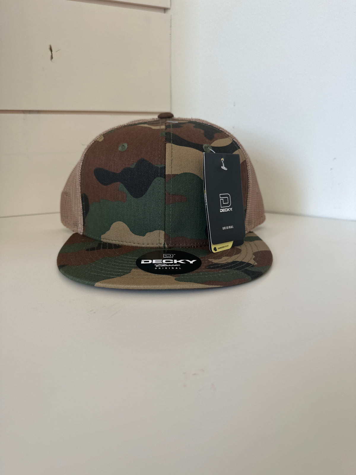 Flat Bill Trucker Hat: Camo-Tan