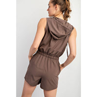 Rae Mode Poly Stretch Woven Sleeveless Hoodie Romper: Stone Taupe