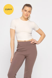 Mono B CURVY Essential Micro-Ribbed Cropped Athleisure Tee - DEEP TAUPE