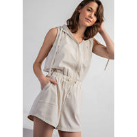 Rae Mode Poly Stretch Woven Sleeveless Hoodie Romper: Stone Taupe