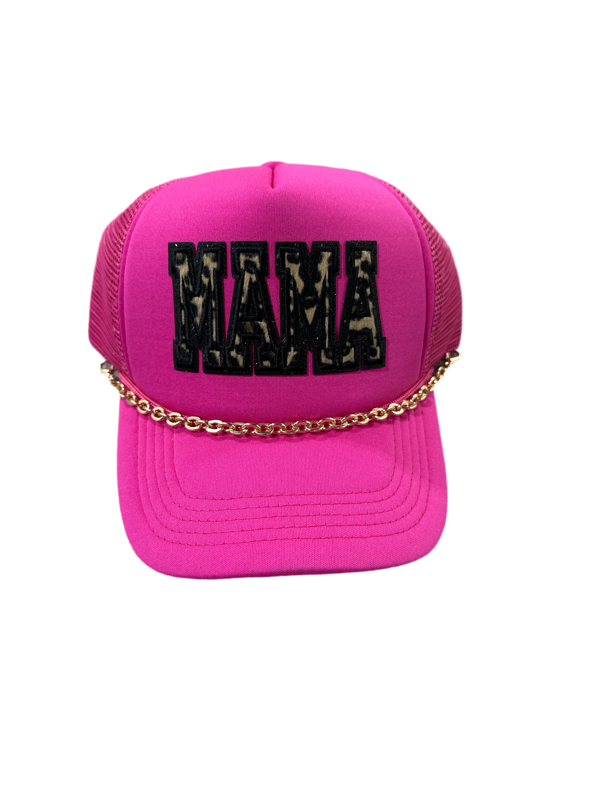 Pink and Cheetah Mama Trucker Hat with Gold Chain