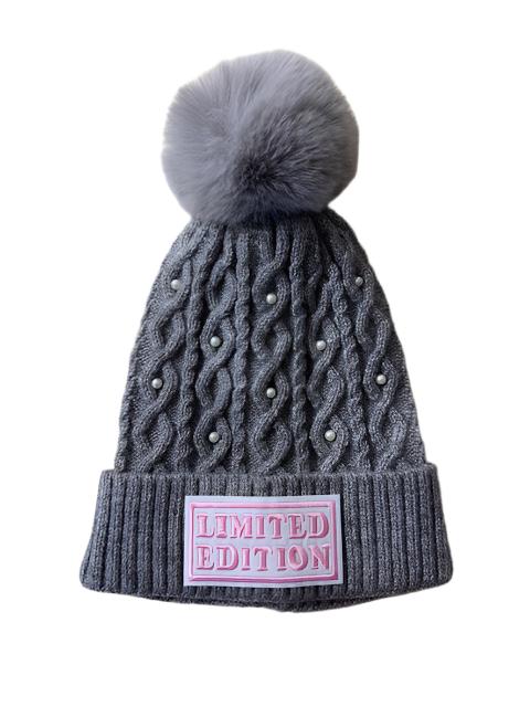 Fur Pom Grey Beanie with Pearls - Limited Edition