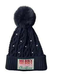 Fur Pom Black Beanie with Pearls - Merry Merry Merry Christmas