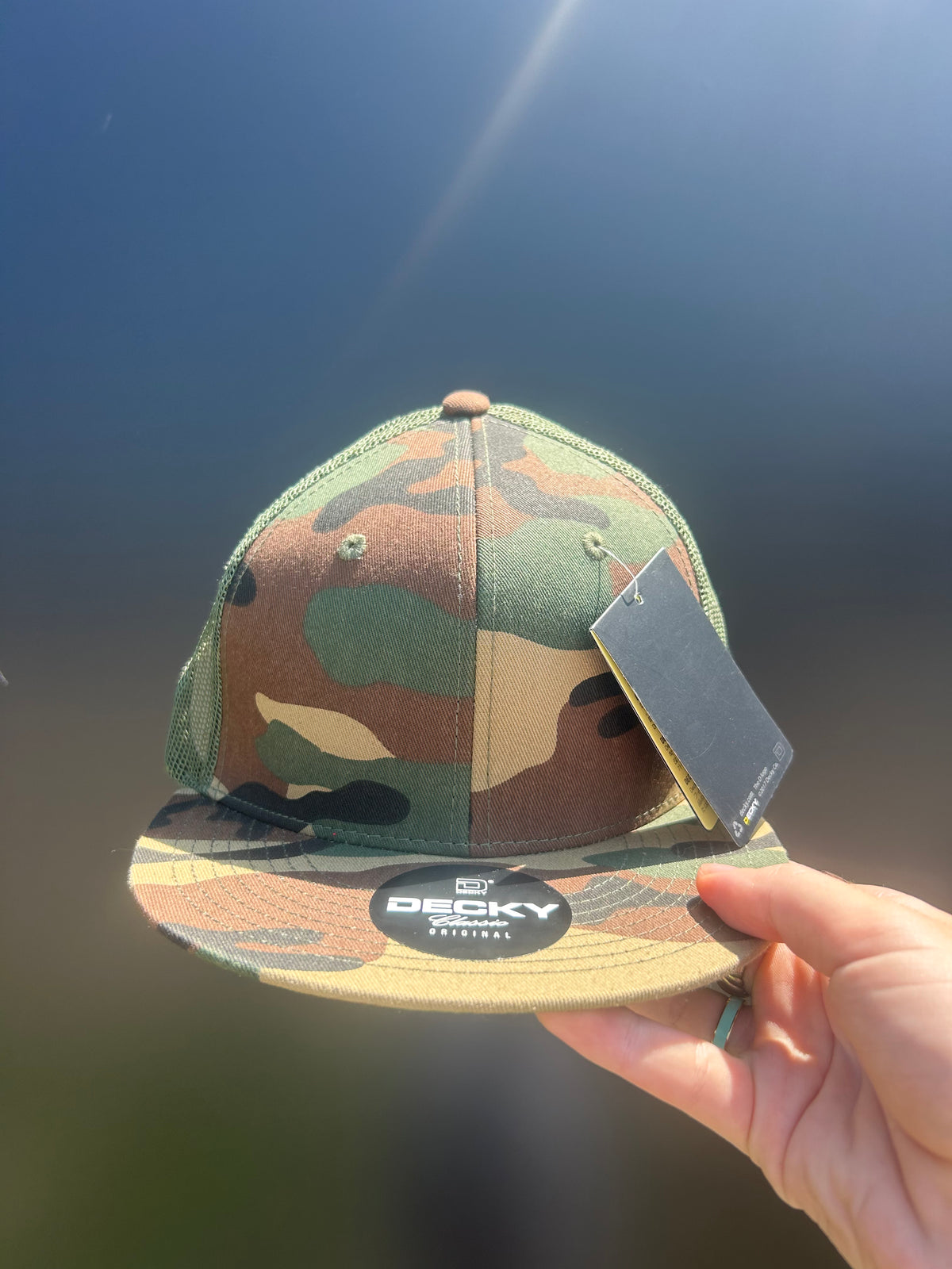 Flat Bill Trucker Hat: Camo-Green