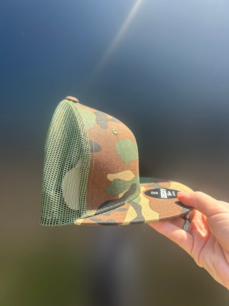 Flat Bill Trucker Hat: Camo-Green