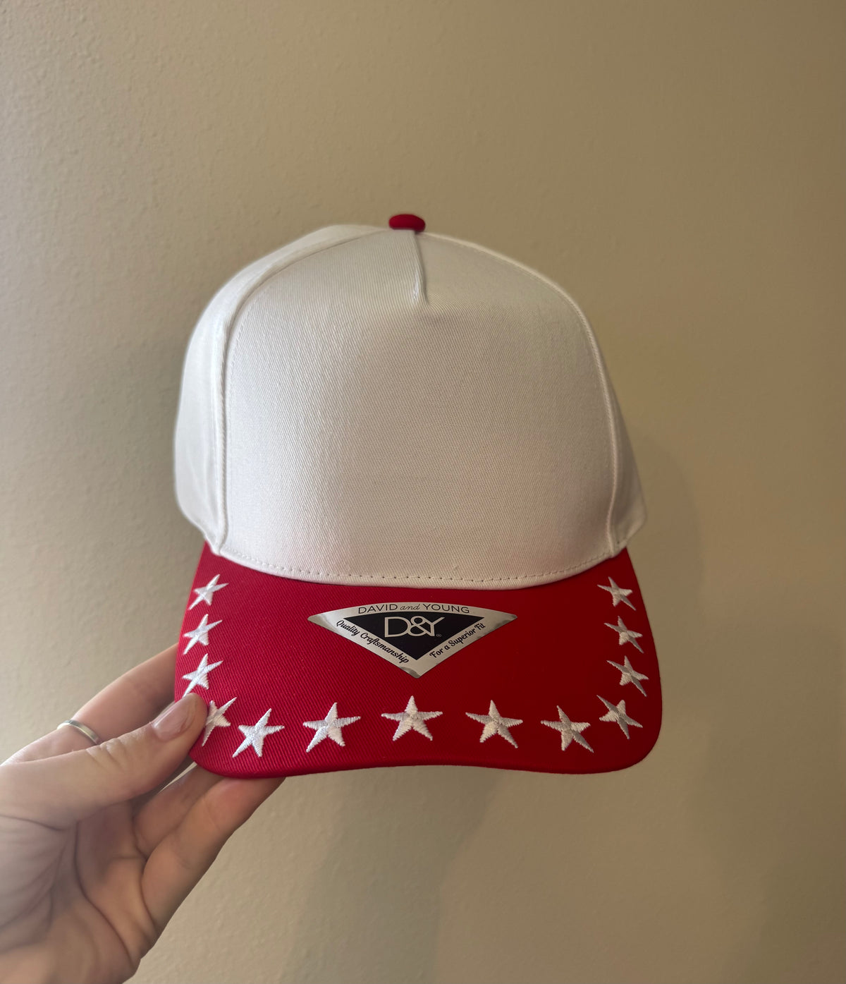 David And Young - STARS Embroidered Brim 5 Panel Two Tone Cap: Red & White
