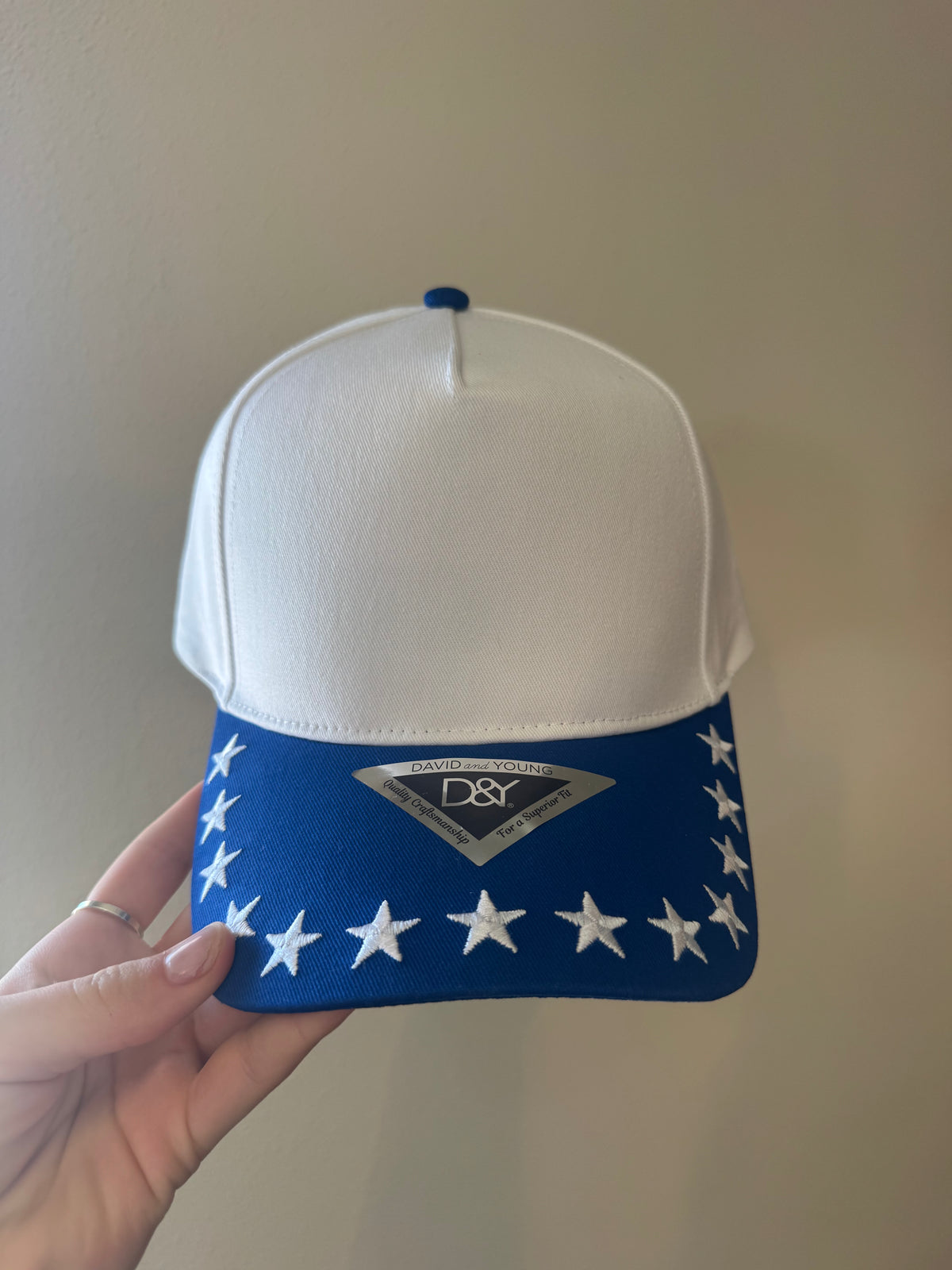 David And Young - STARS Embroidered Brim 5 Panel Two Tone Cap: Blue & White