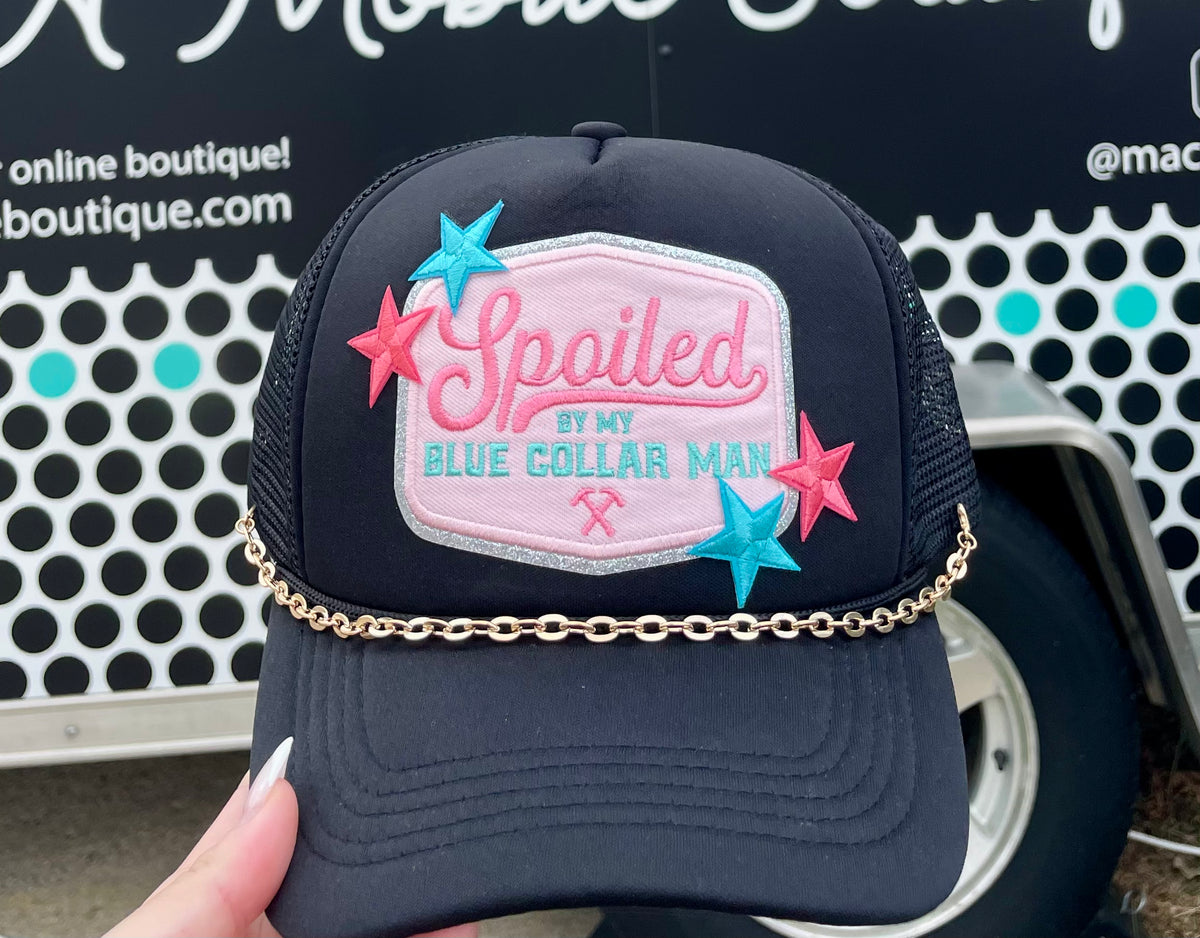 Black Foam Trucker Hat "Spoiled By My Blue Collar Man" Stars & Hat Chain