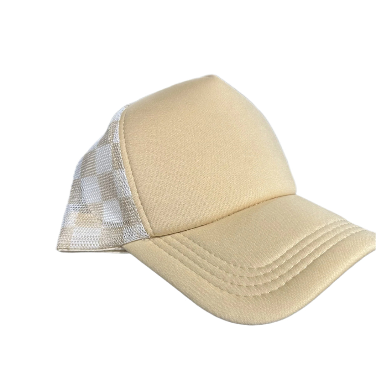 Classic Foam Front Trucker Hat: Khaki with White Checkered Mesh Backing