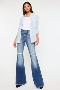 Kan Can - Women's Dark Blue Flare High Rise Jeans