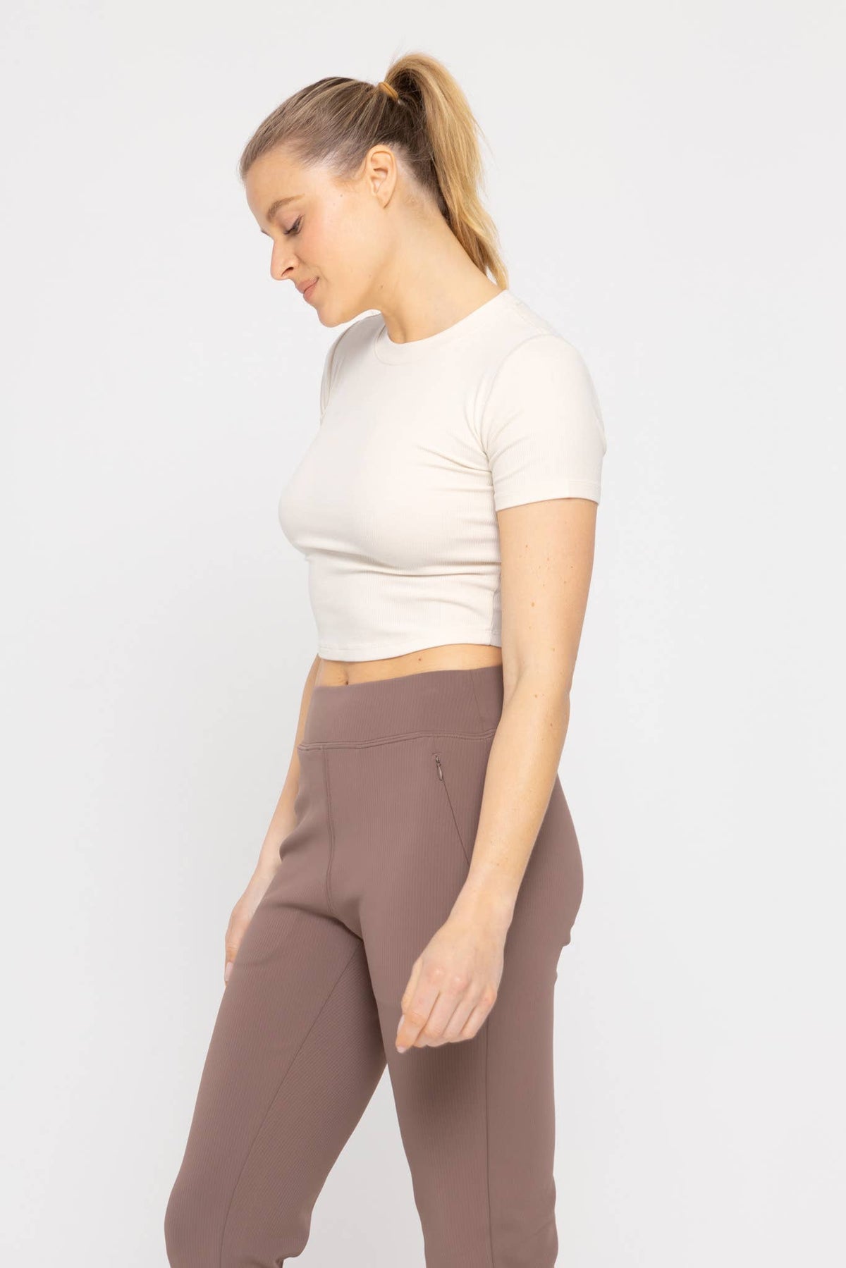 Mono B Essential Micro-Ribbed Cropped Athleisure Tee - DEEP TAUPE