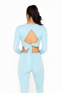 Mono B Cropped Long-Sleeve Top with Tie-Back - Blue Palm