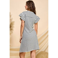 Veveret Coastal Charm Stripe Ruffle Sleeve Mini Dress - Steel blue/Ivory