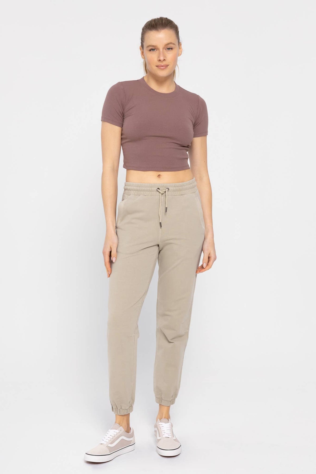 Mono B Essential Micro-Ribbed Cropped Athleisure Tee - DEEP TAUPE