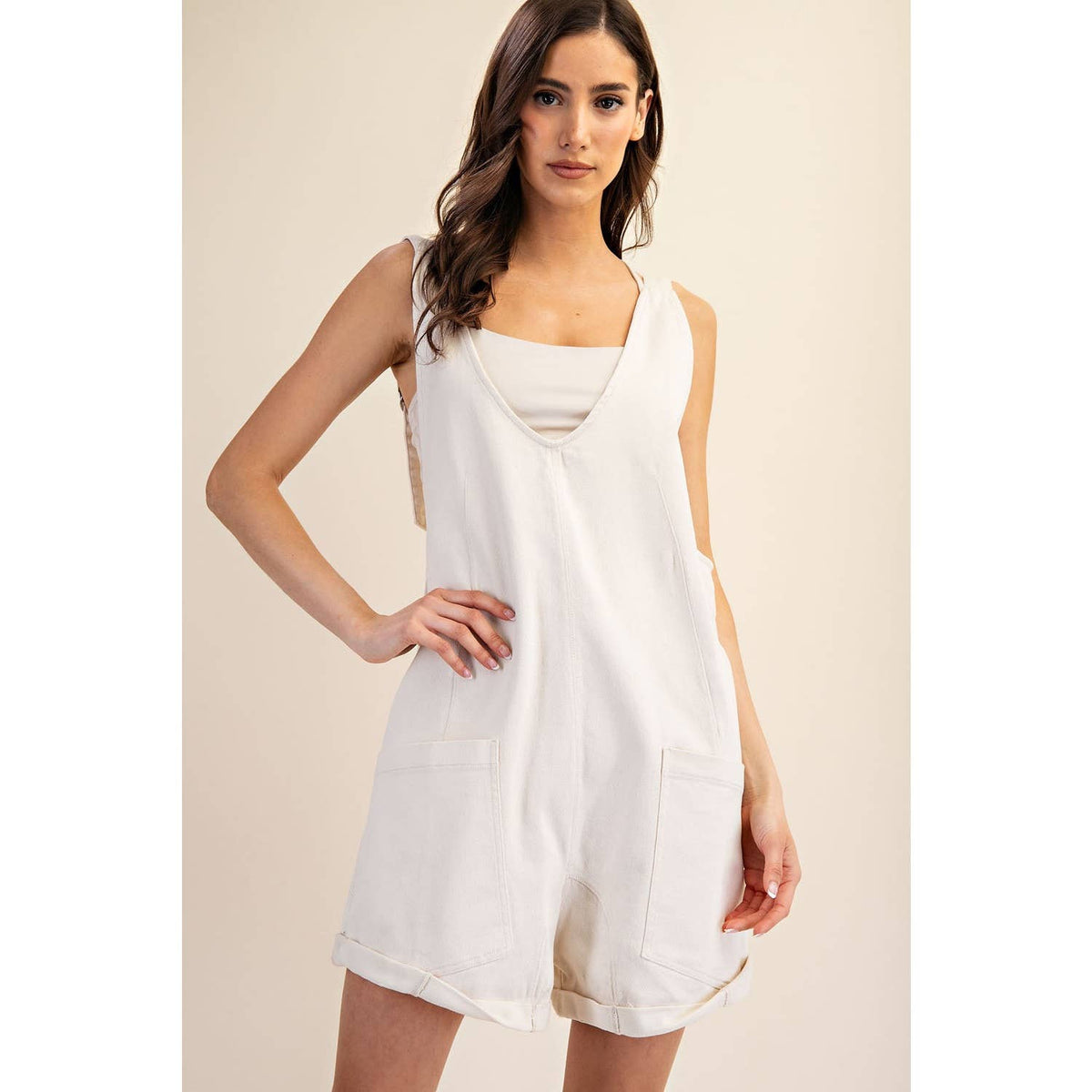 Rae Mode Cotton Twill Roll-Up Overall Short Romper: Dusty Sage