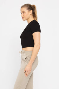 Mono B Essential Micro-Ribbed Cropped Athleisure Tee - DEEP TAUPE