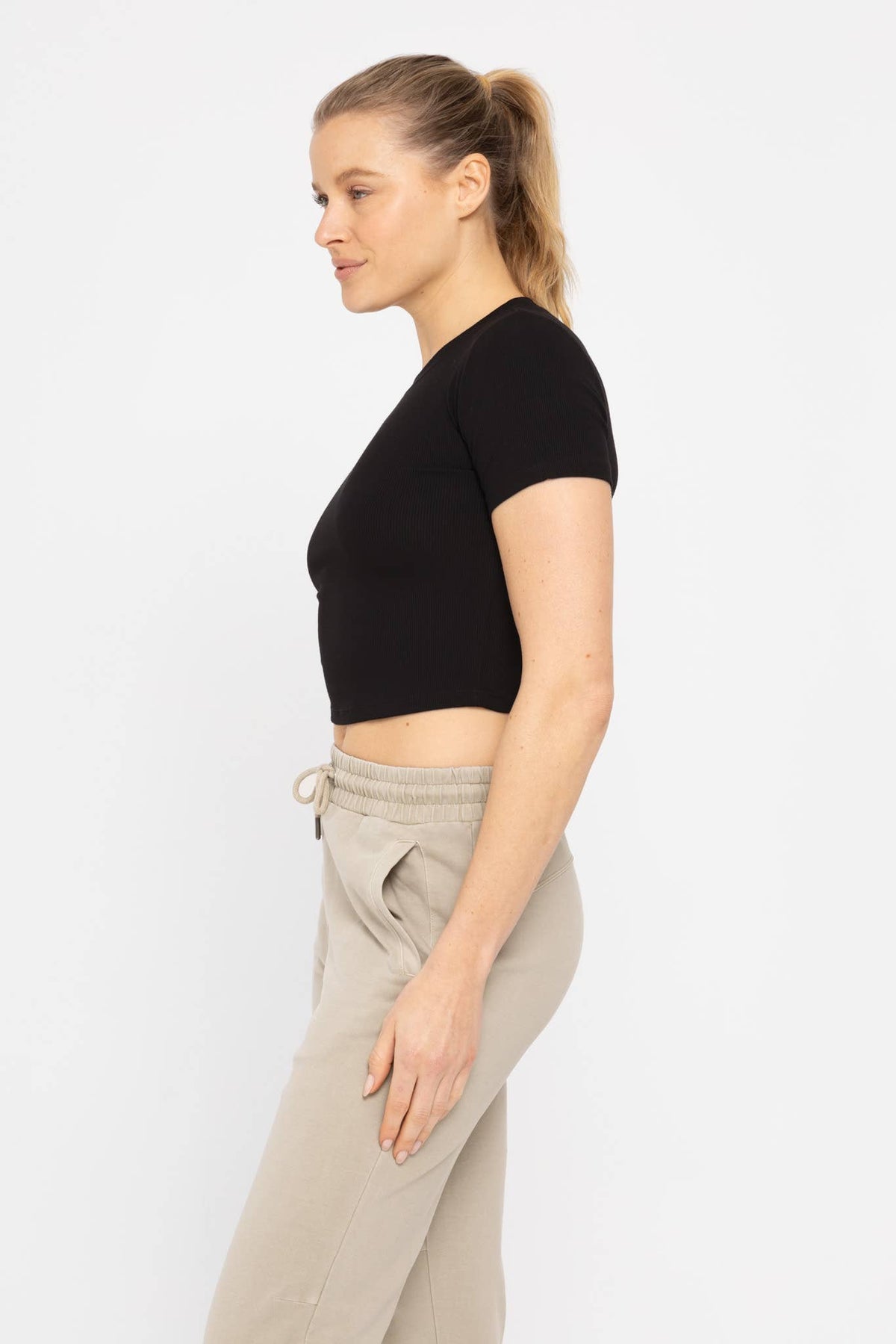 Mono B Essential Micro-Ribbed Cropped Athleisure Tee - NATURAL