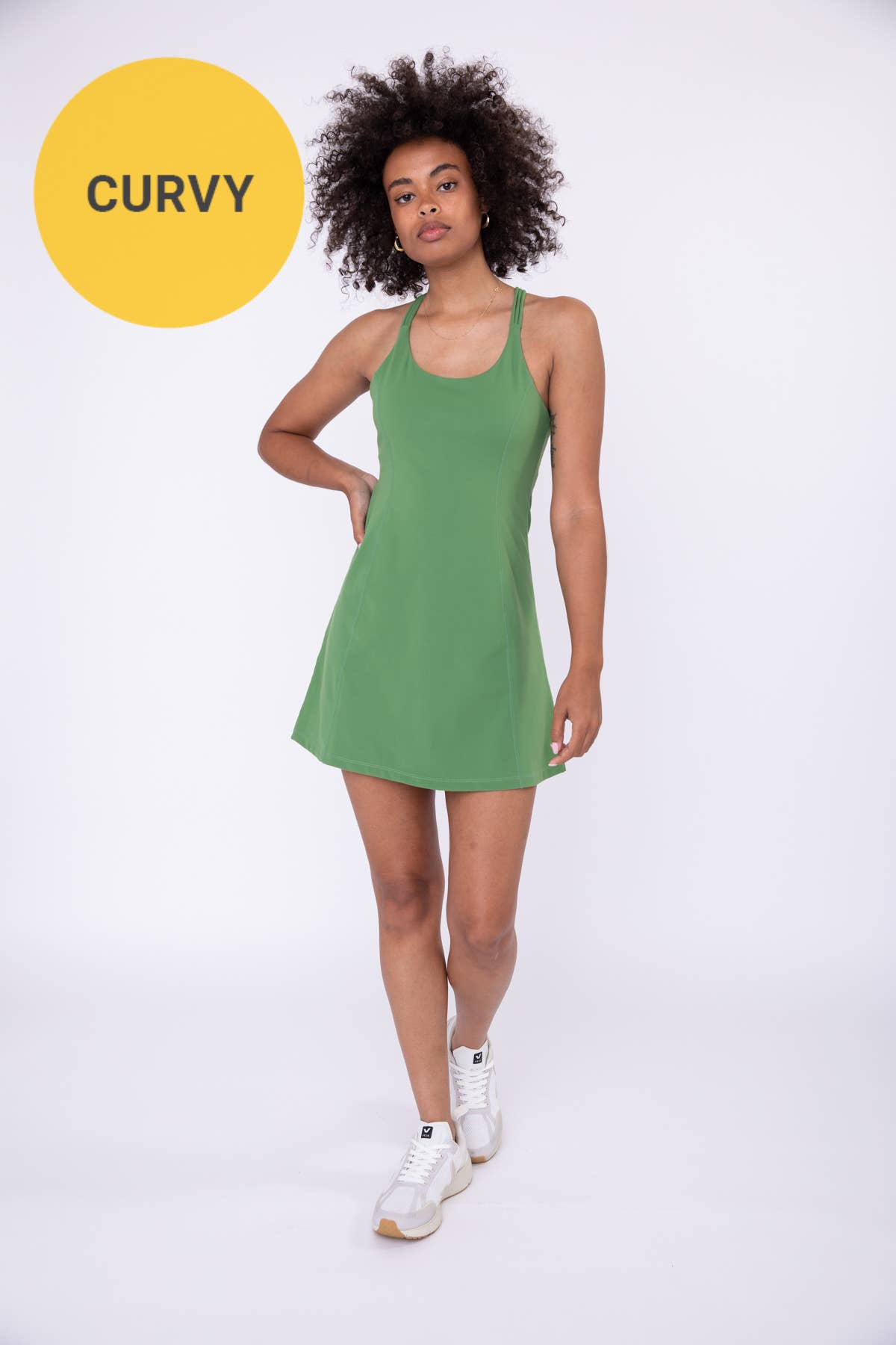 Mono B CURVY Macramé Racerback Active Dress and High Waisted Slip Shorts - GREEN