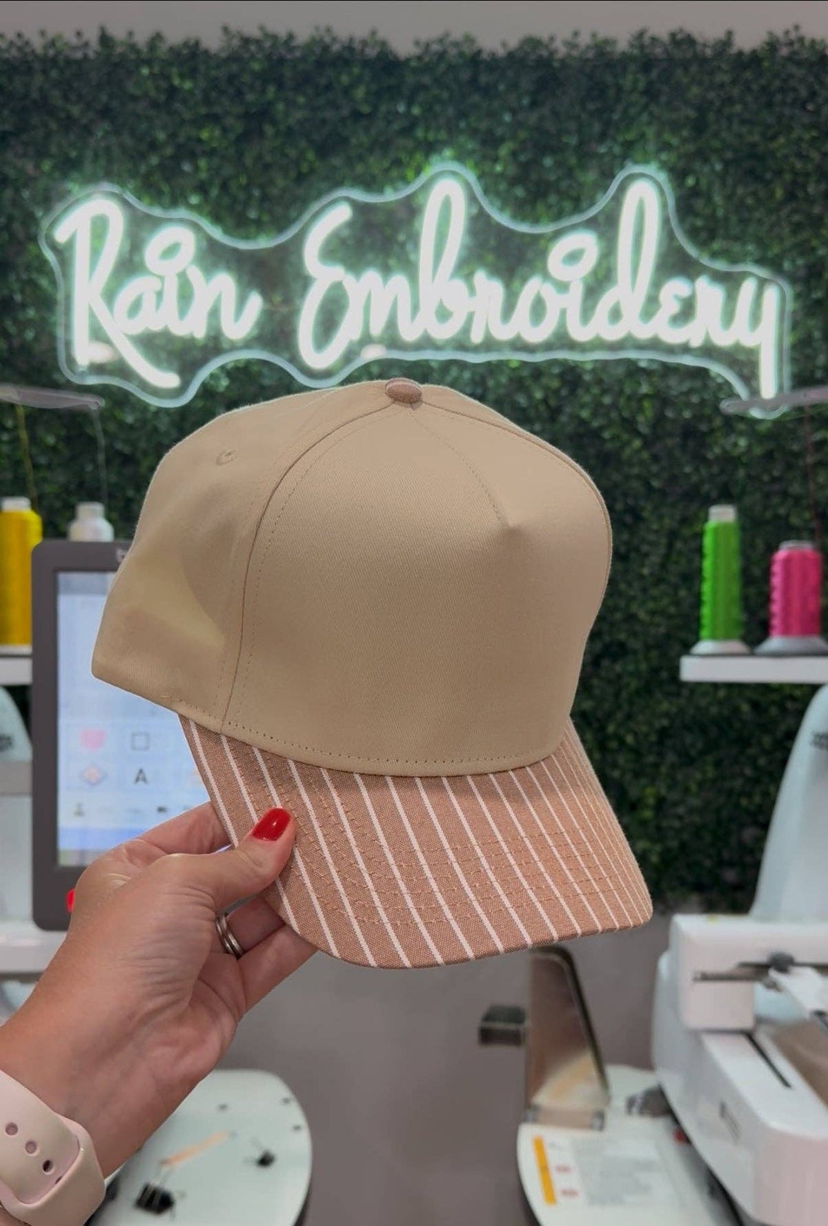 Rain Embroidery - Brown Striped Bill (blank) Trucker Hat