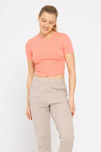 Mono B Essential Micro-Ribbed Cropped Athleisure Tee - DEEP TAUPE