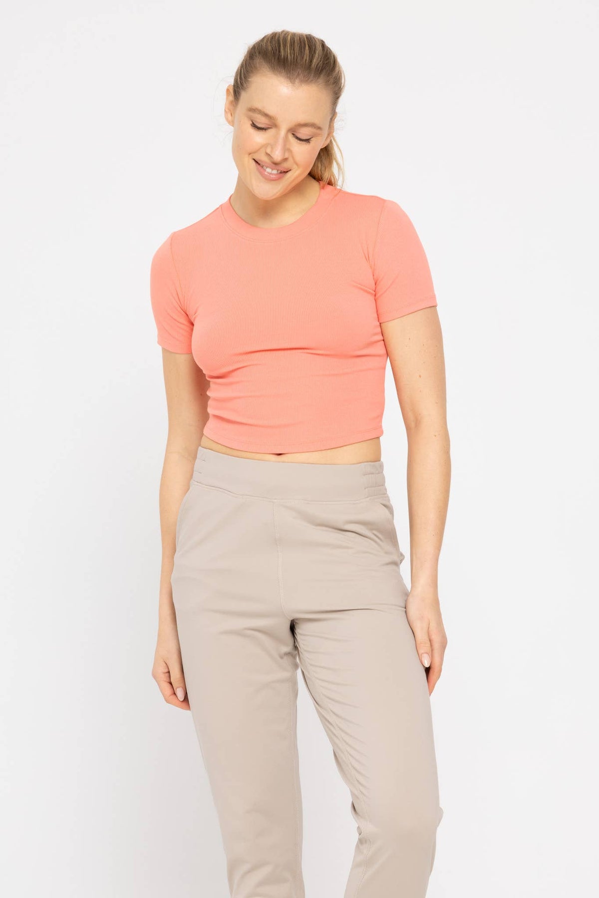 Mono B Essential Micro-Ribbed Cropped Athleisure Tee - NATURAL