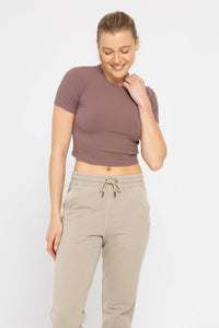 Mono B Essential Micro-Ribbed Cropped Athleisure Tee - DEEP TAUPE