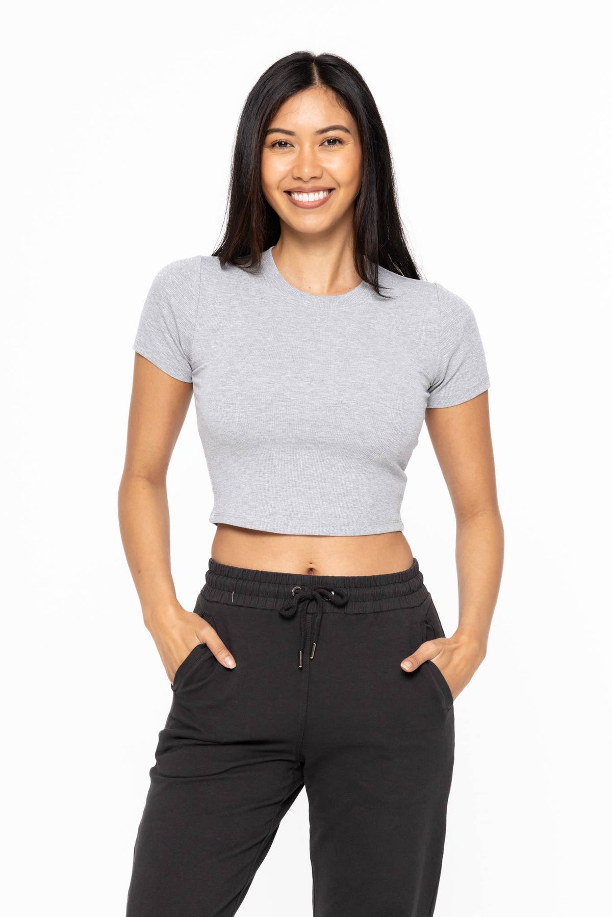 Mono B Essential Micro-Ribbed Cropped Athleisure Tee - DEEP TAUPE