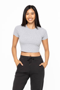 Mono B Essential Micro-Ribbed Cropped Athleisure Tee - NATURAL